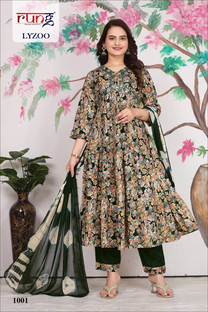 Lyzoo By Rang Rayon Alia Cut Embroidery Long Kurti With Bottom Dupatta Wholesale Price In Surat